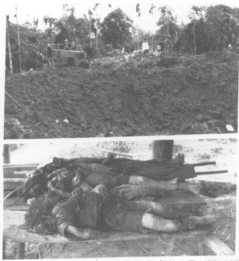 A burned-out shelter, and below it the bodies of a family laid on a stretcher