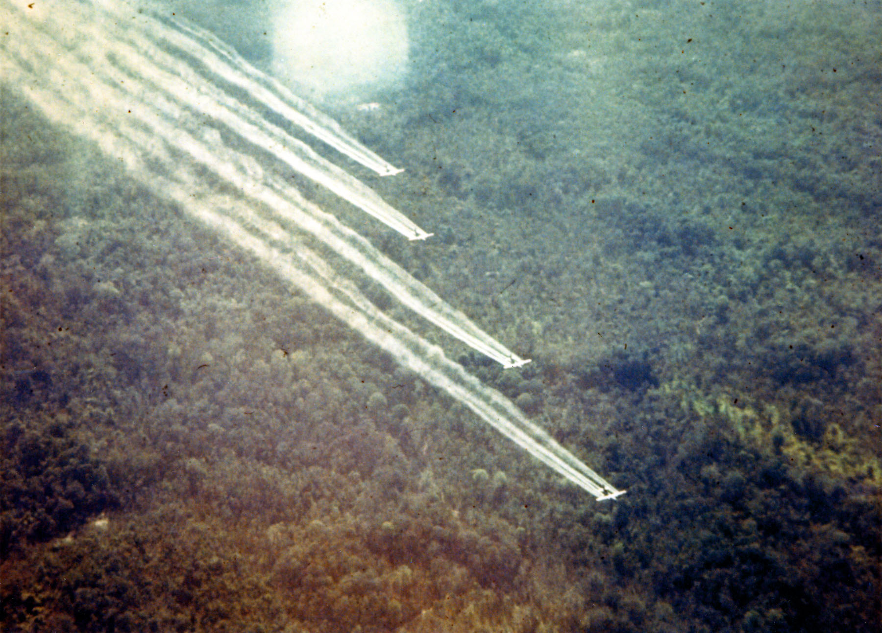 Four aircraft in formation laying trails of spray over forest