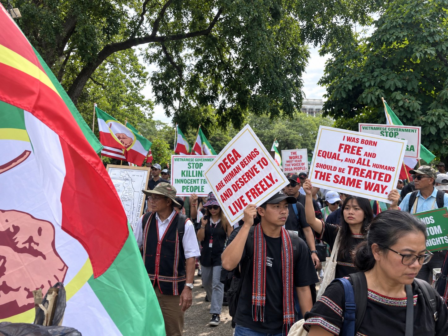 Marchers in Washington carrying a banner reading that the Dega deserve to live freely