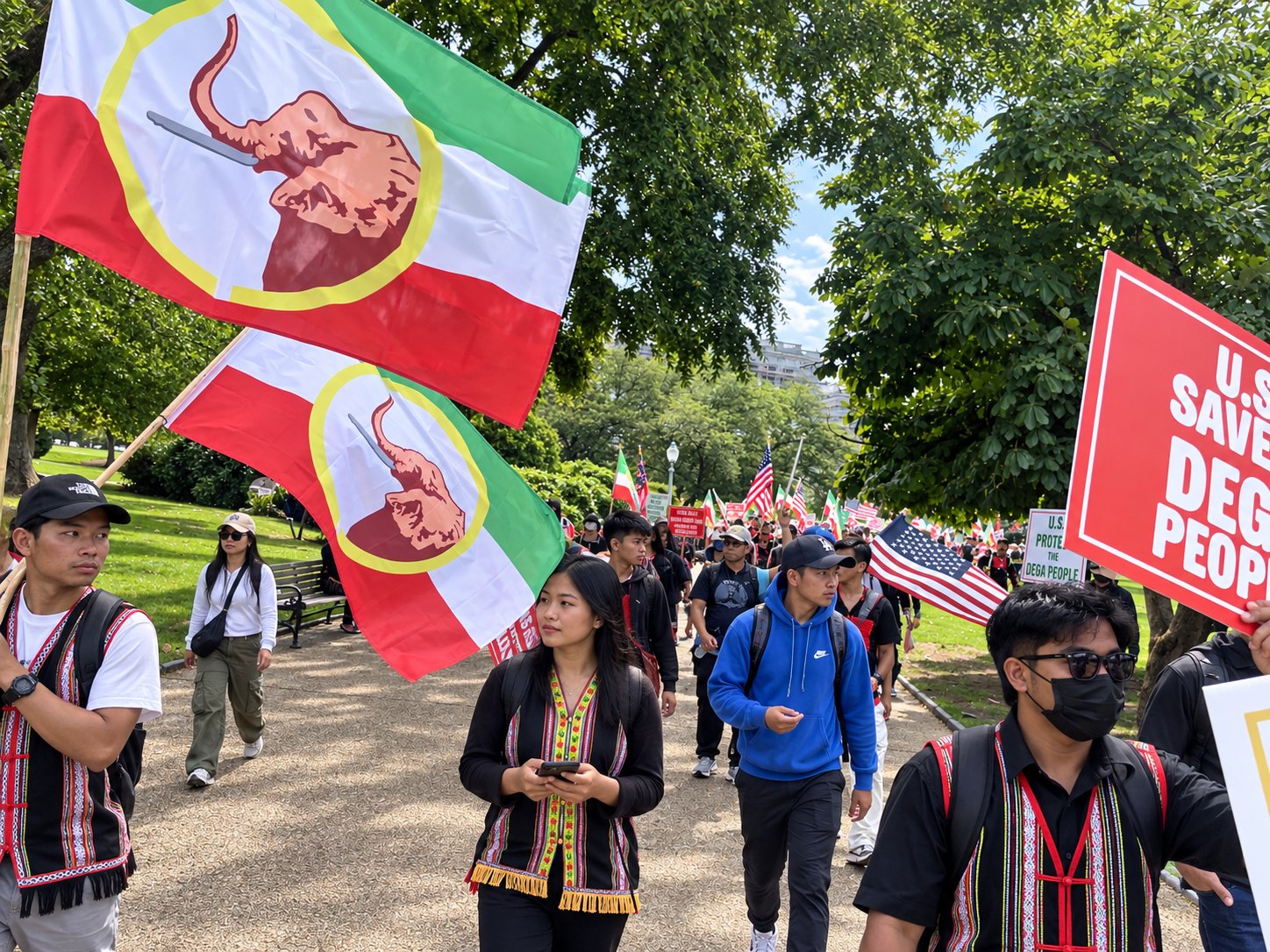 Marchers in a city park carrying two large flags, red, white and green with an elephant head in a ring