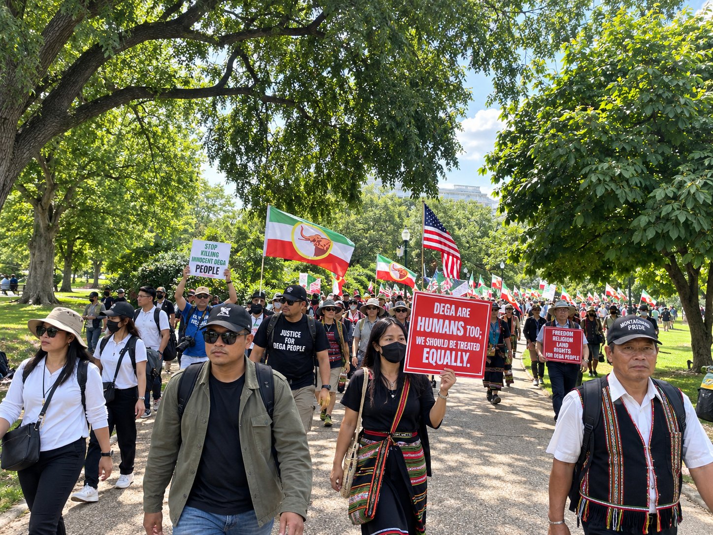 A long column of marchers carrying flags along a city street