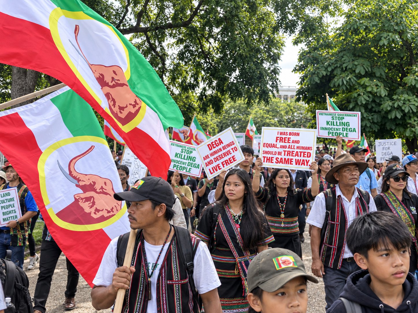 Men, women and children in woven Dega vests marching with elephant flags and placards