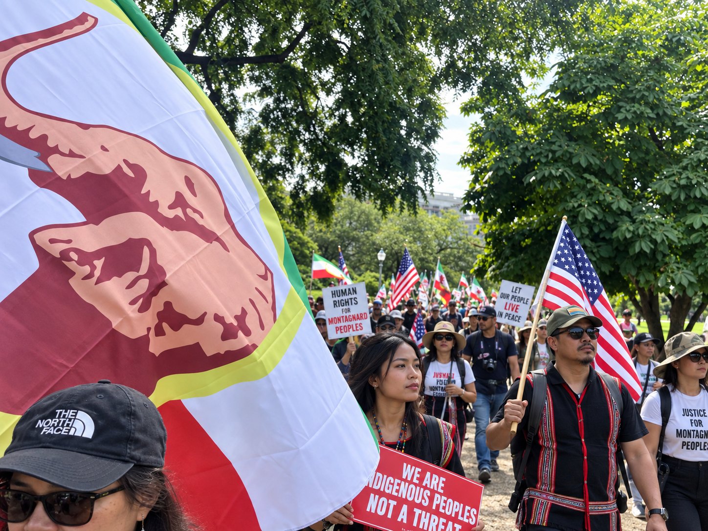 Marchers in Washington carrying the Dega flag and the American flag