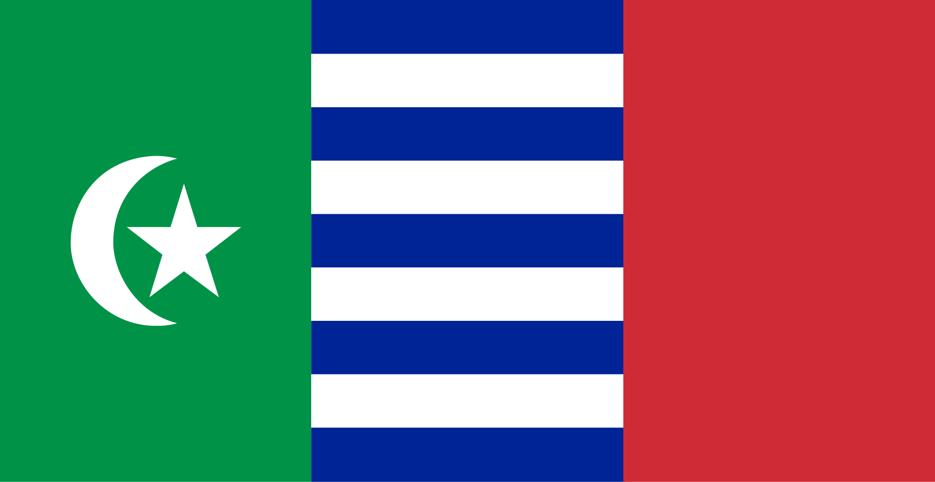 A flag with a green band at the hoist bearing a white crescent and star, blue and white stripes, and a red band at the fly