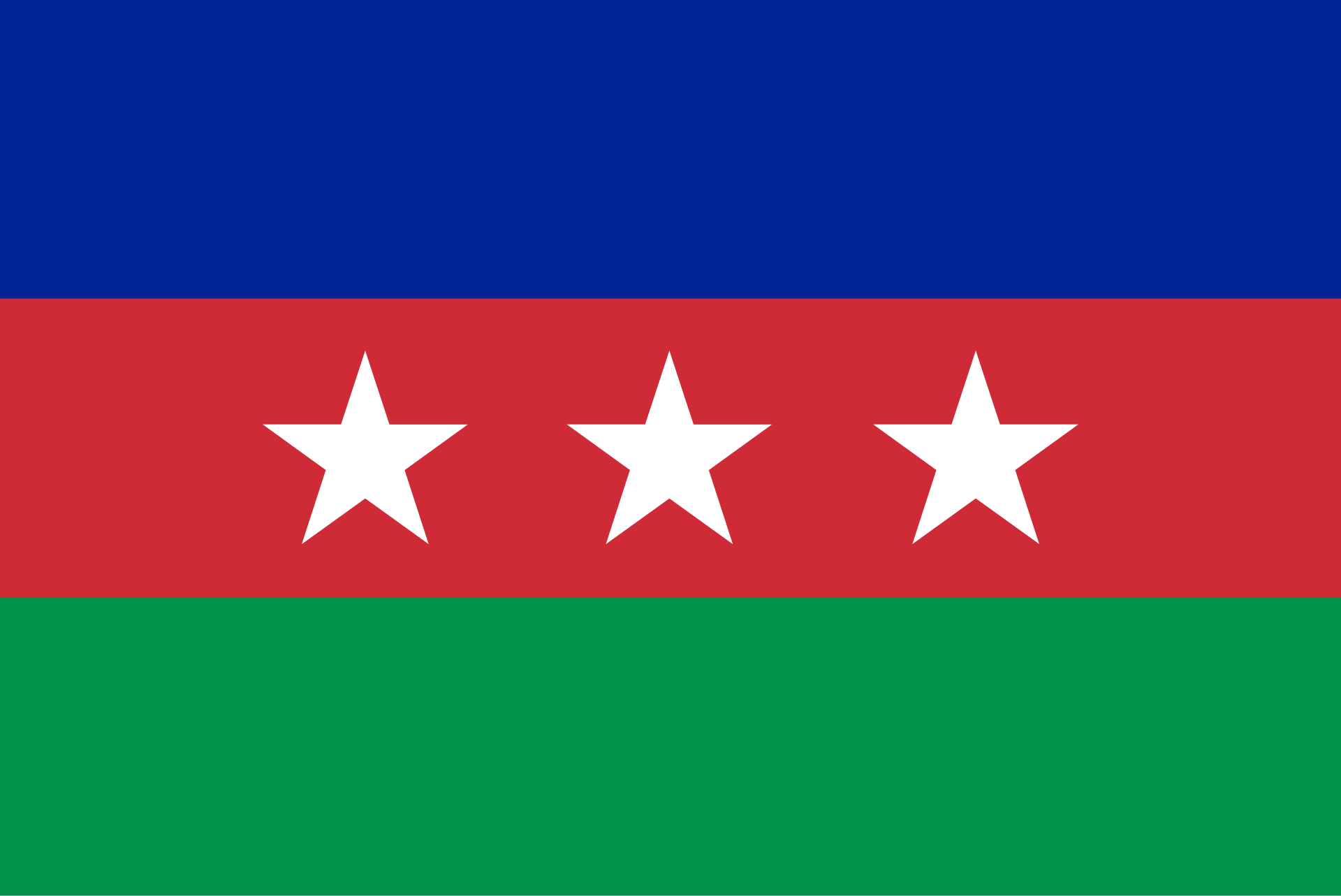 A flag of three horizontal stripes, blue, red and green, with three white stars on the red