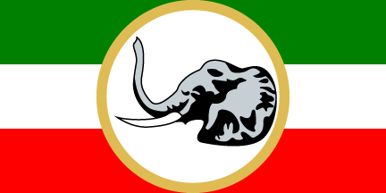 A flag of green, white and red stripes with an elephant head inside a yellow ring