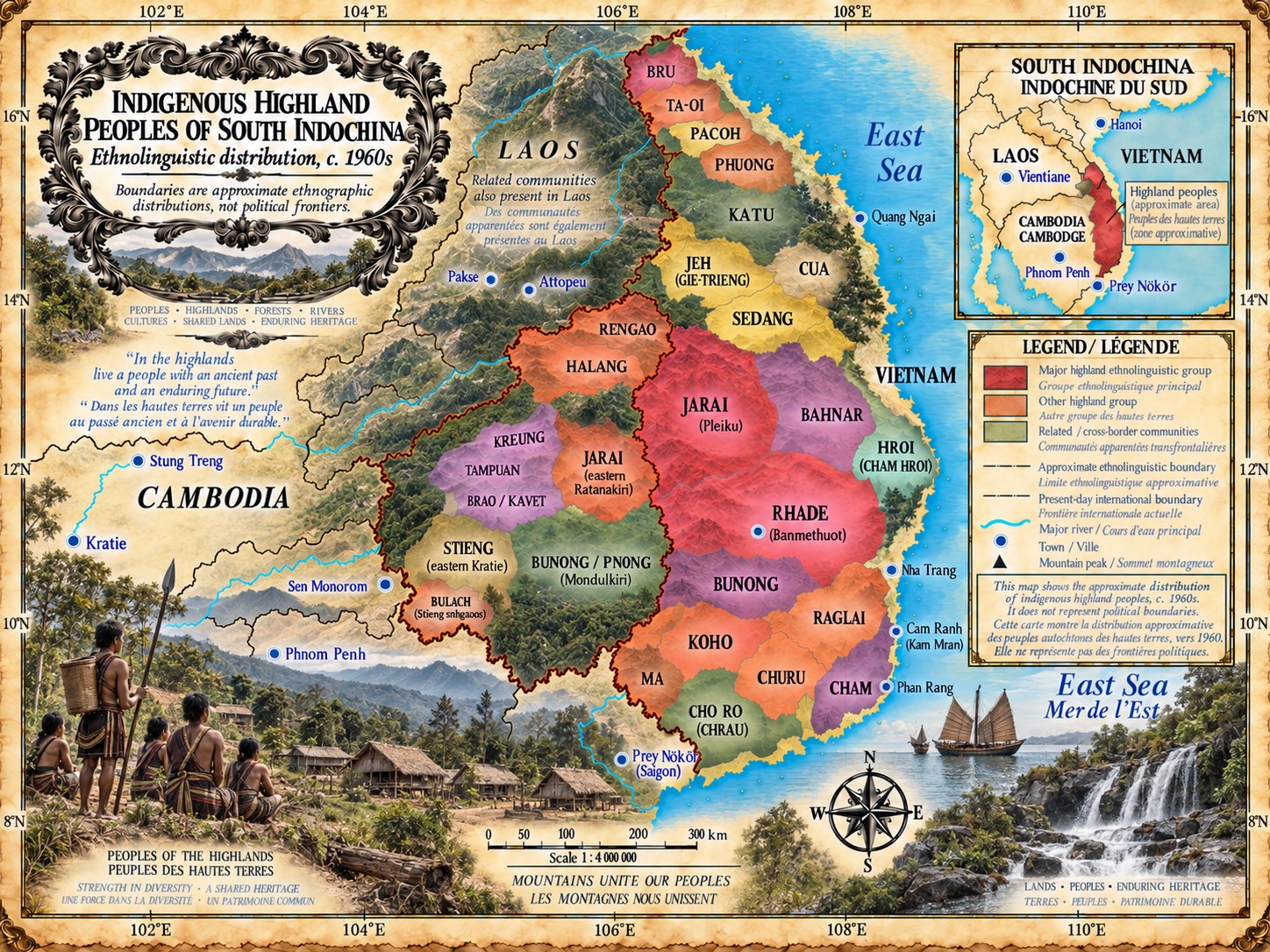 Ethnolinguistic map of the indigenous highland peoples of South Indochina around 1960, showing the Jarai, Rhade, Bahnar, Sedang, Mnong, Koho, Katu and others, and related communities in northeastern Cambodia and southern Laos