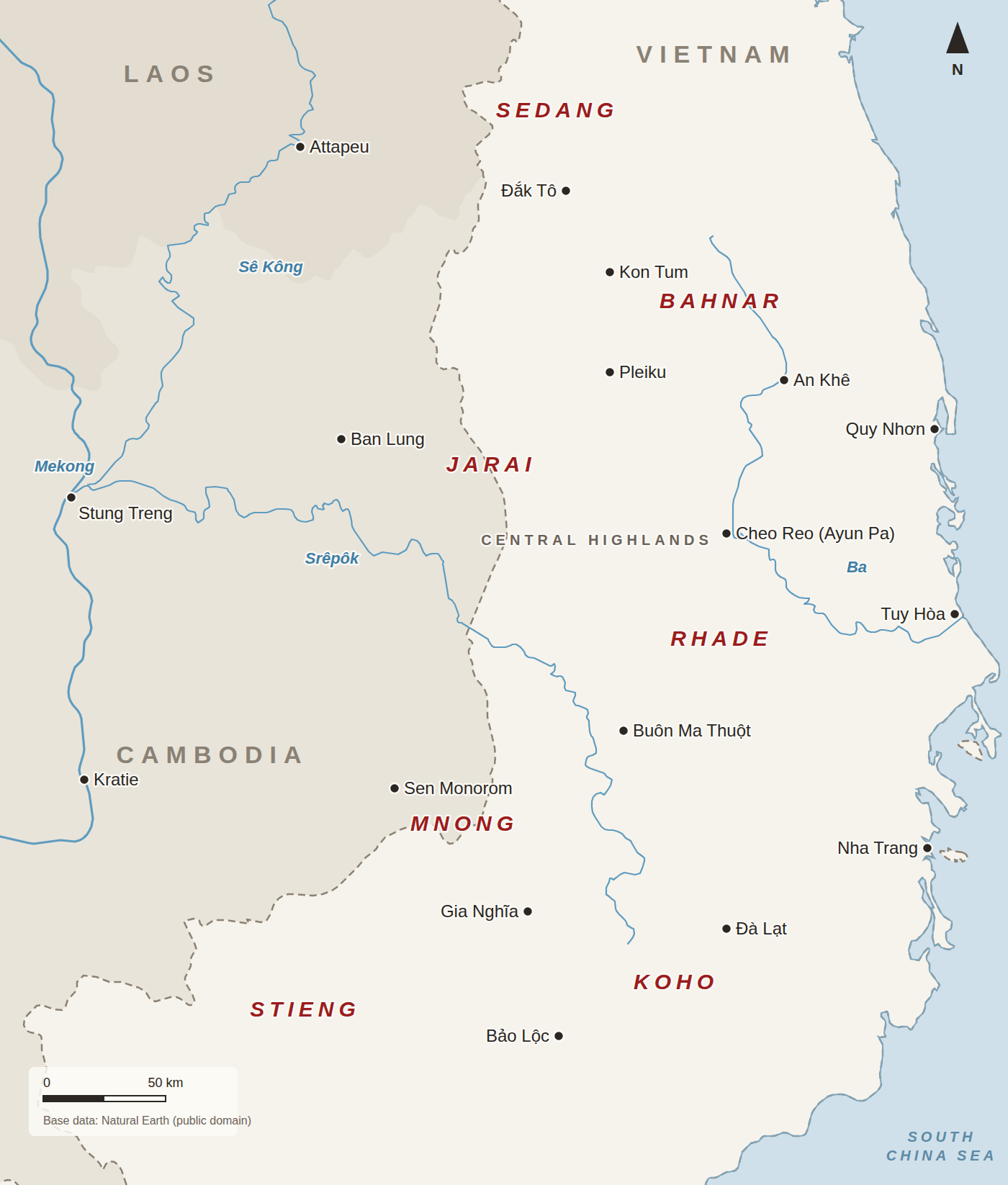 A map of the Central Highlands and the neighboring parts of Cambodia and Laos, with towns, rivers and the names of the main peoples