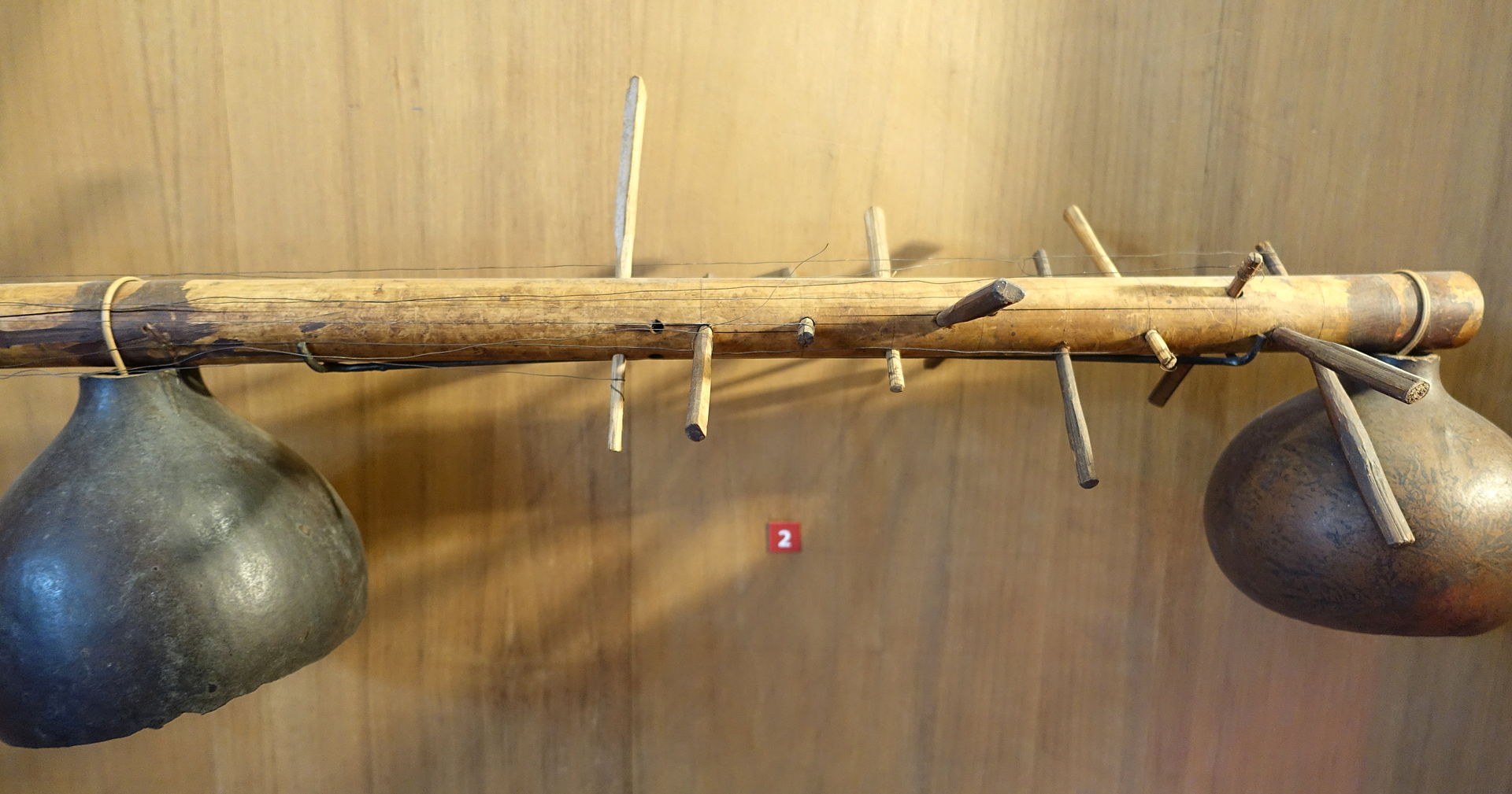 A long bamboo tube zither with a gourd resonator, lying on a museum stand