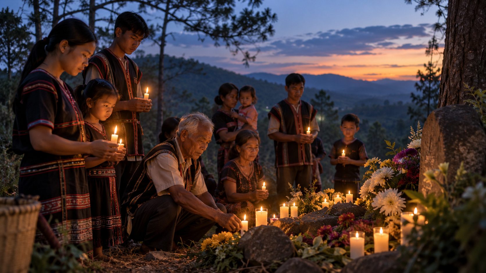People at prayer by candlelight at dusk