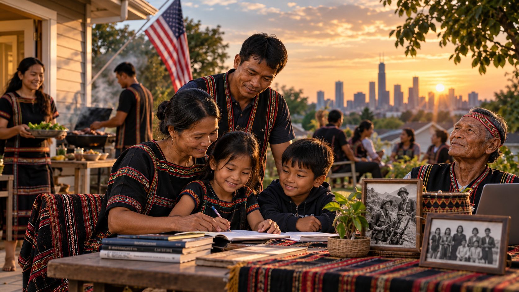 A Dega family studying together at home in an American city