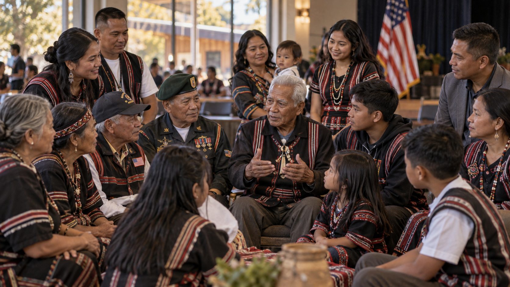Dega elders and veterans talking with young people at a community gathering