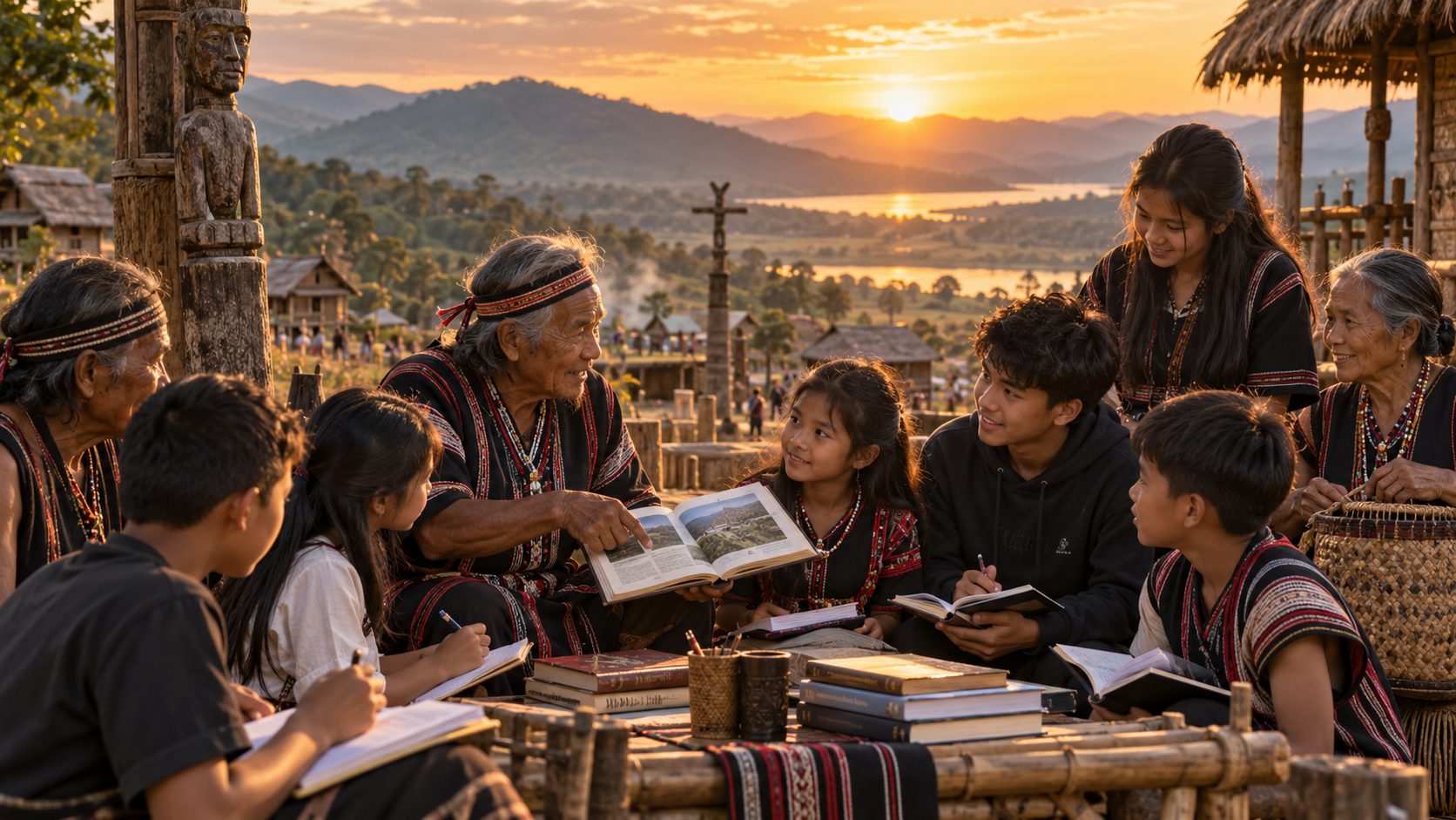 An elder reading with children in the village