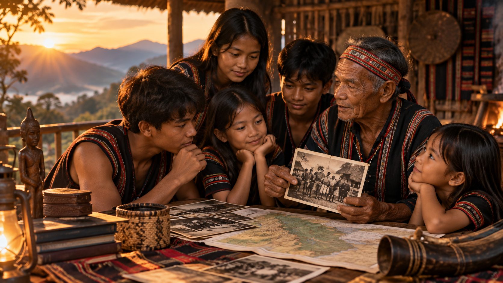A grandfather showing old photographs to his grandchildren