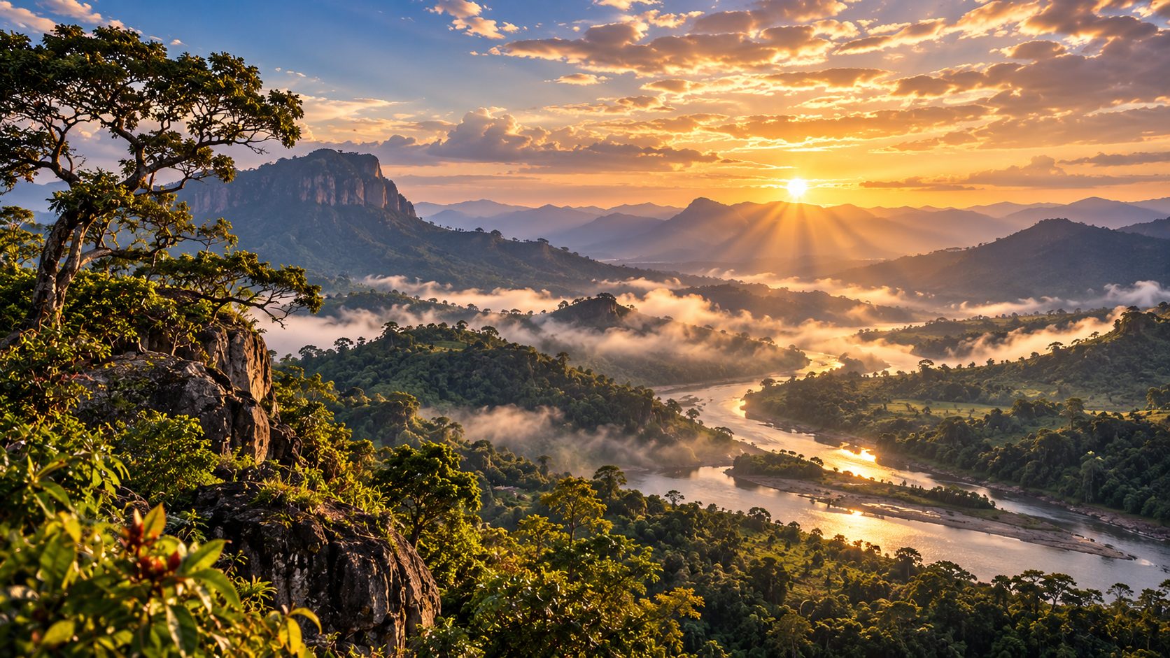 Sunrise over a river winding through the forests of the highlands