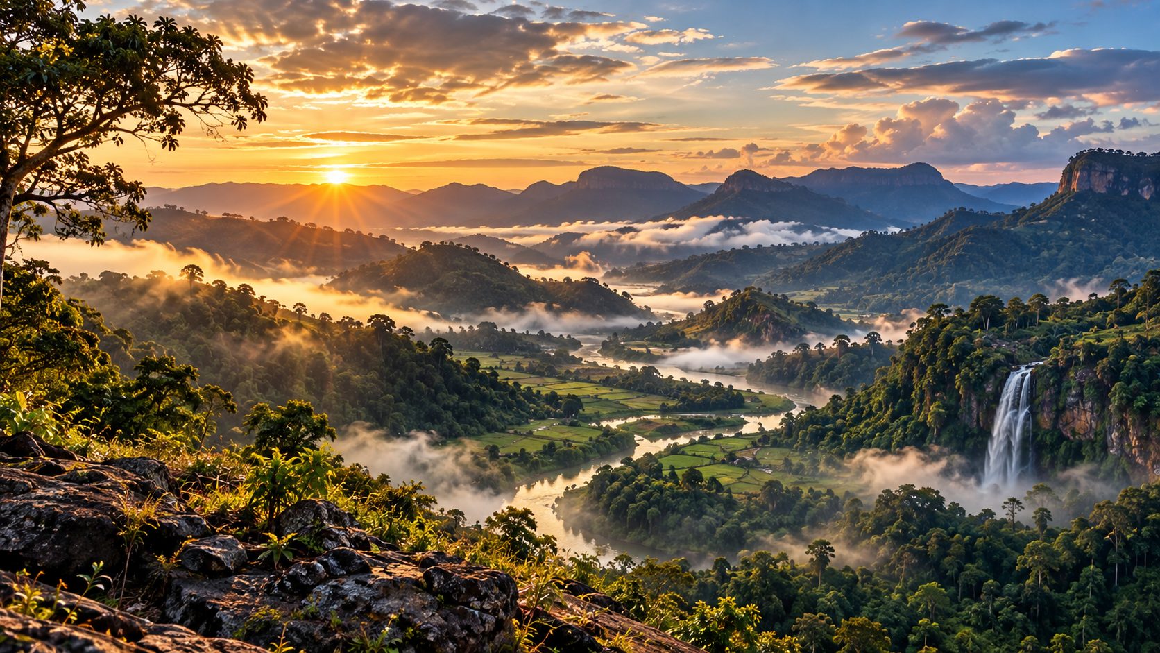 A waterfall above a river valley in morning mist