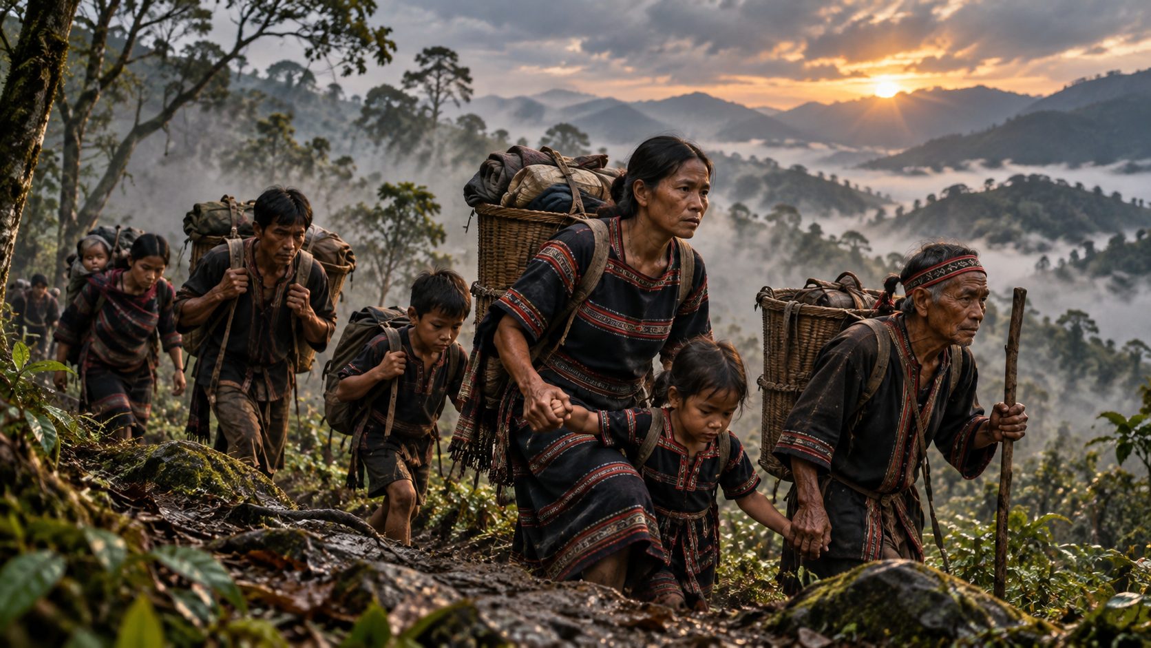 Dega families carrying baskets along a misty mountain trail
