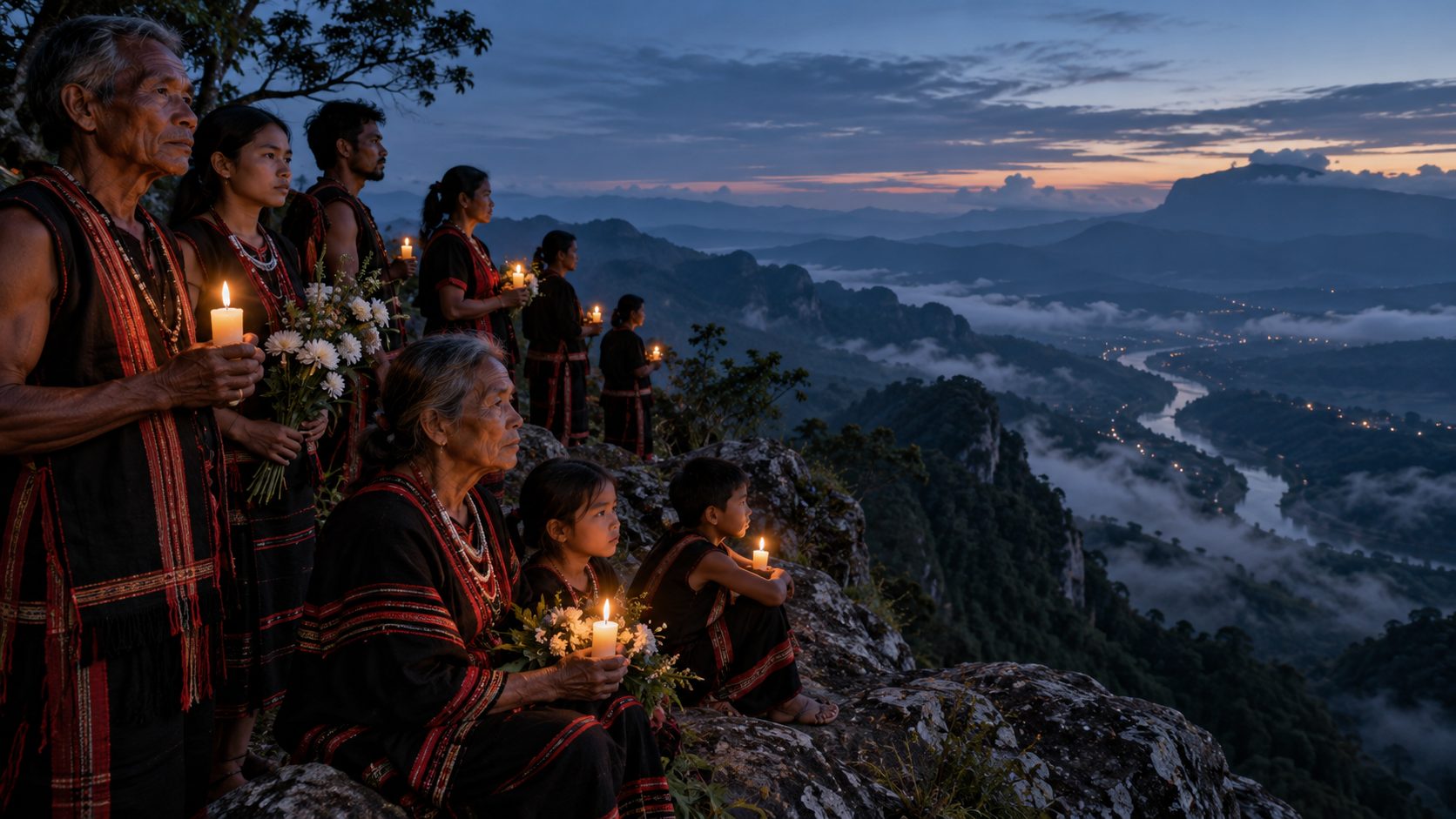 Dega families holding candles on a cliff above the valley at dusk