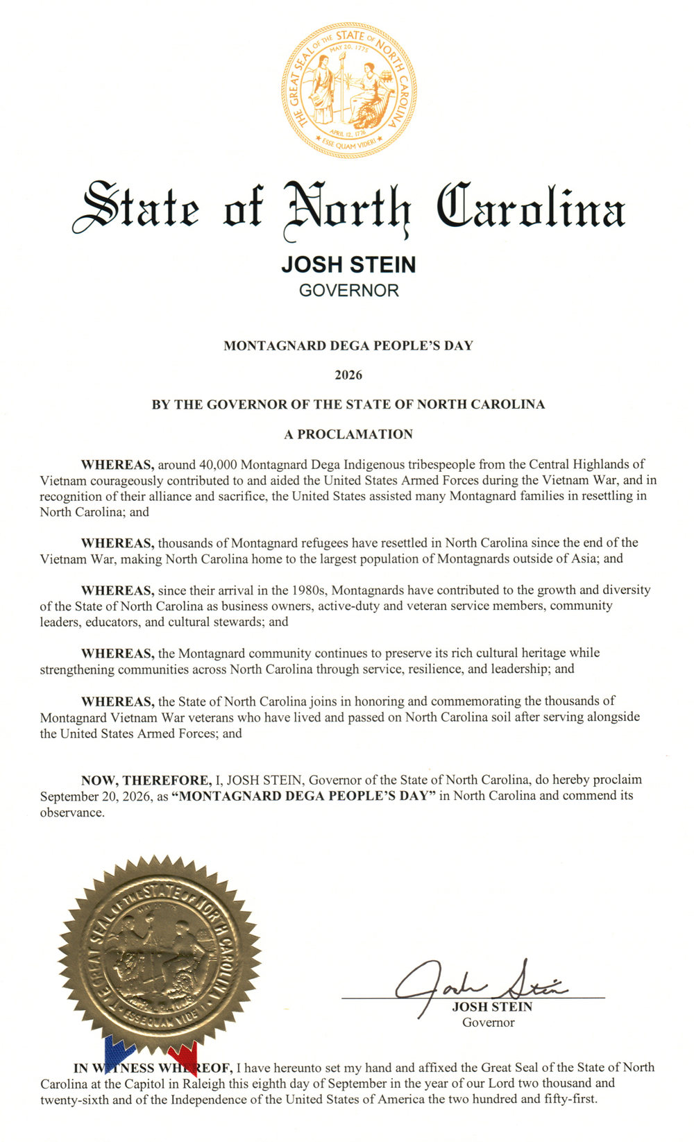 Proclamation of the State of North Carolina naming September 20, 2026, Montagnard Dega People’s Day, signed by Governor Josh Stein